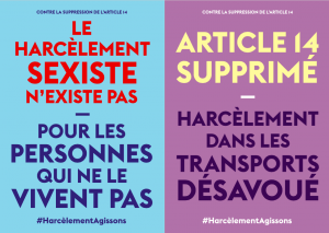Affiches réalisées par Anaïs Bourdet, en réaction à la suppression de l'article 14 relatif aux mesures contre "le harcèlement et les violences sexistes" dans les transports.